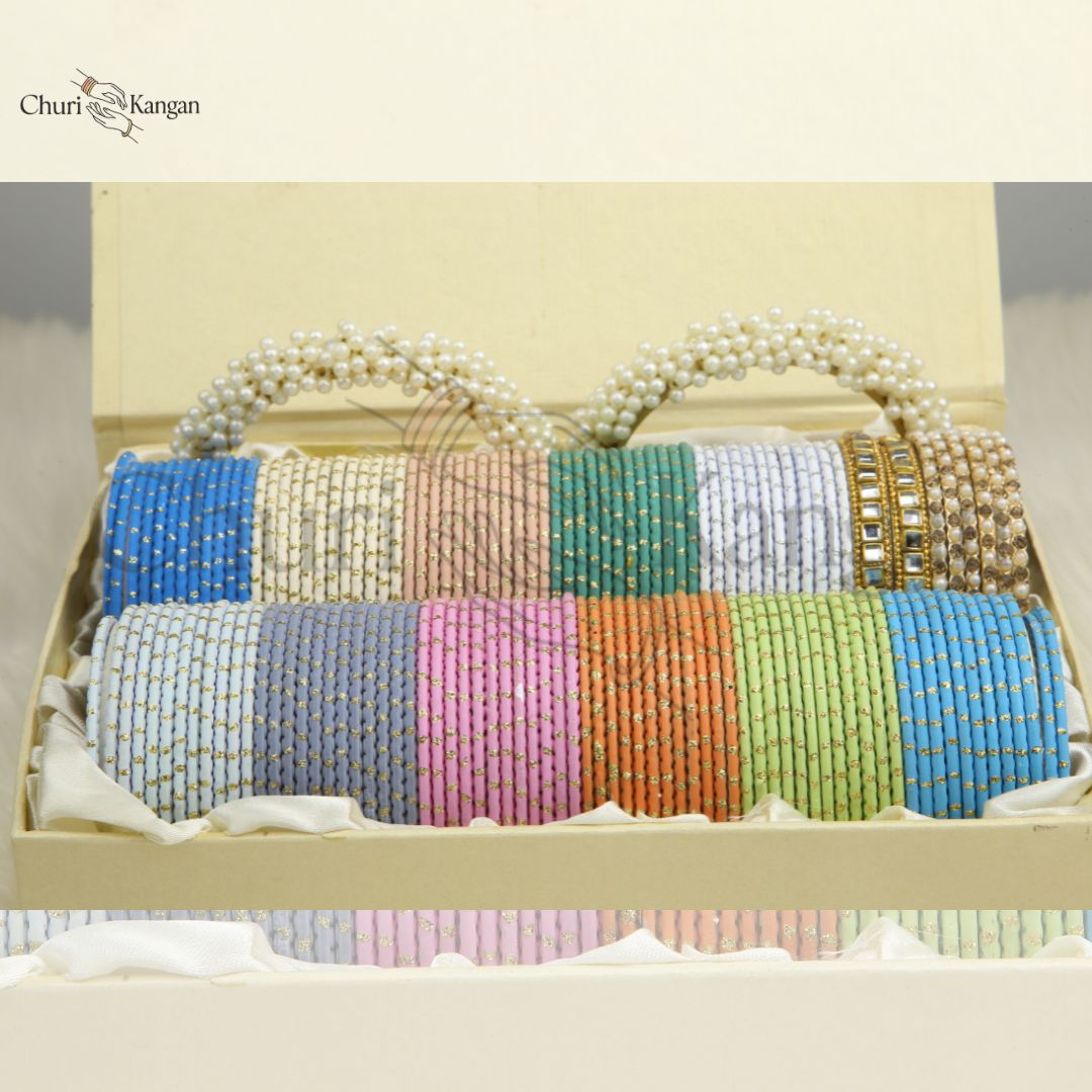 Dotted metal bangles gift box with kundan kara, pearl bangles and gajra kara in multi-color set