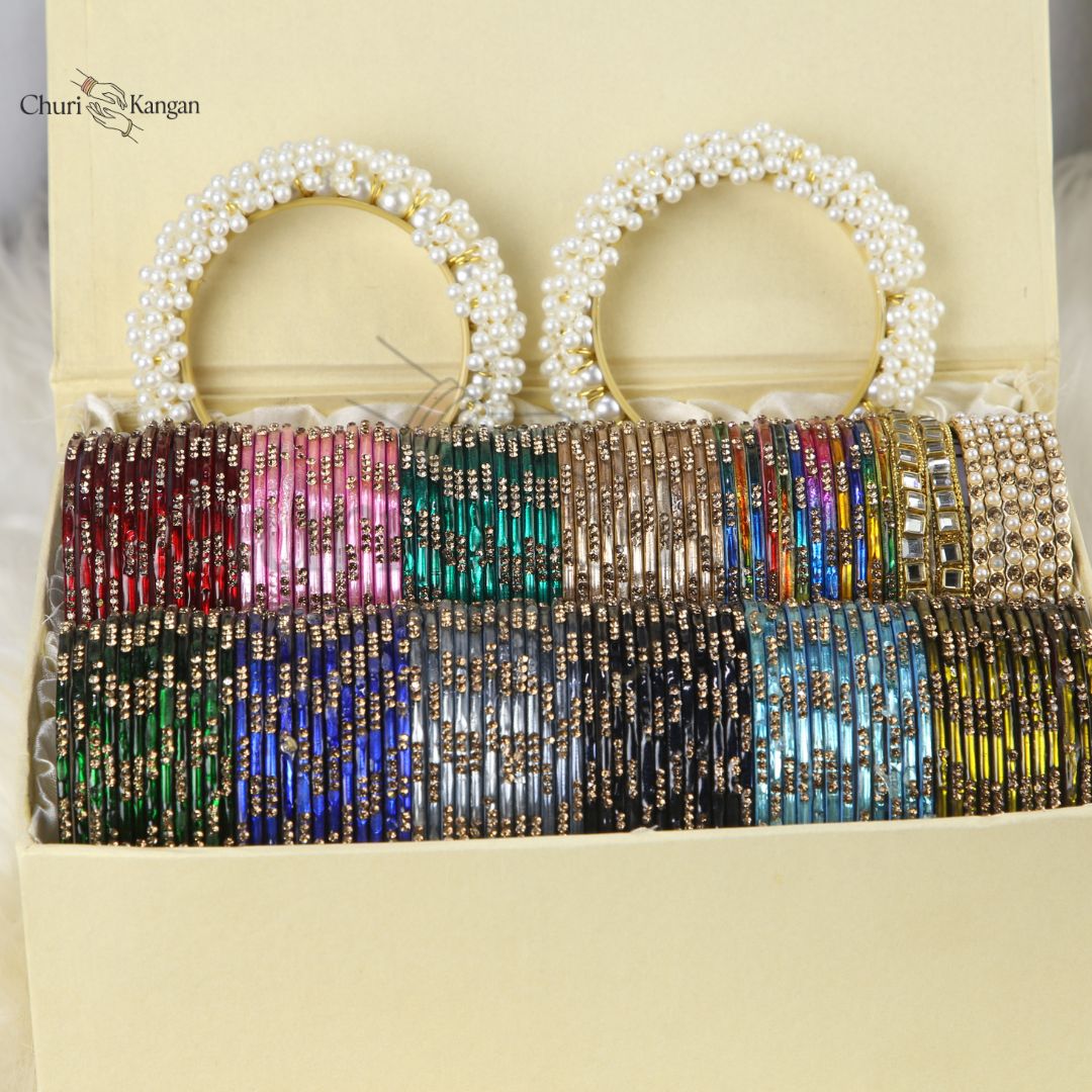 Nagina metal bangles gift box with stone detailing, kundan kara, pearl bangles and gajra kara