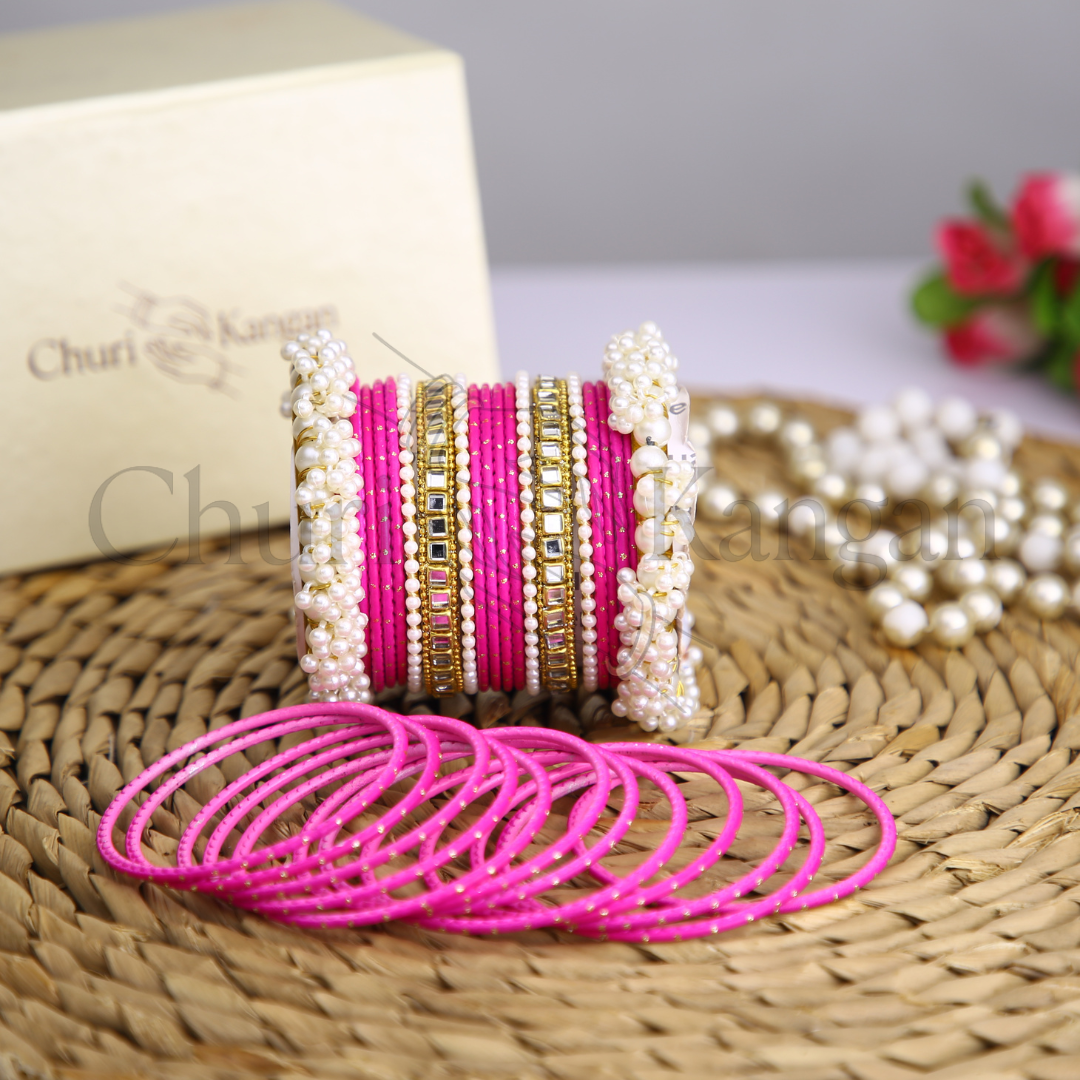 Hot Fuchsia Doted Metal Gajra Kundan Set – bold handcrafted pink kundan and pearl bangles by ChuriKangan.pk