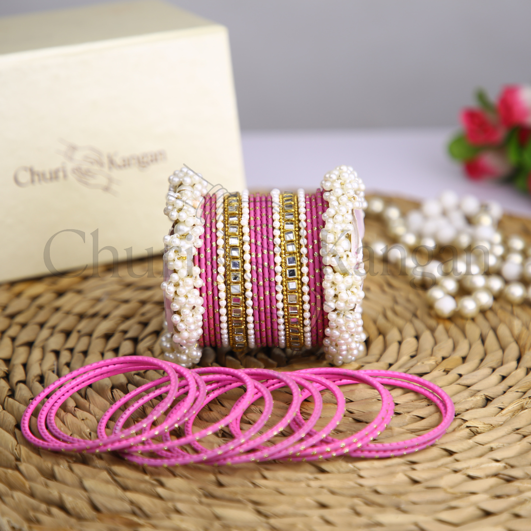 Doted Metal Gajra Kundan Set – Rose Pink