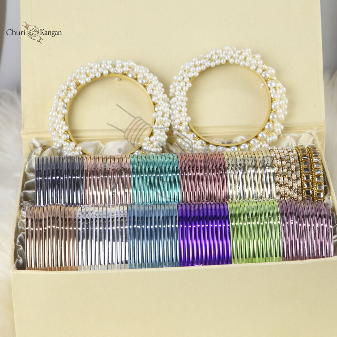 Plain glossy metal bangles gift box with kundan kara, pearl bangles and gajra kara