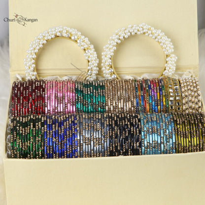 Nagina metal bangles gift box with stone detailing, kundan kara, pearl bangles and gajra kara