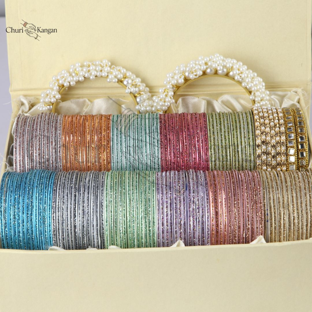 Moonlight sparkle metal bangles gift box with kundan kara, pearl bangles and gajra kara