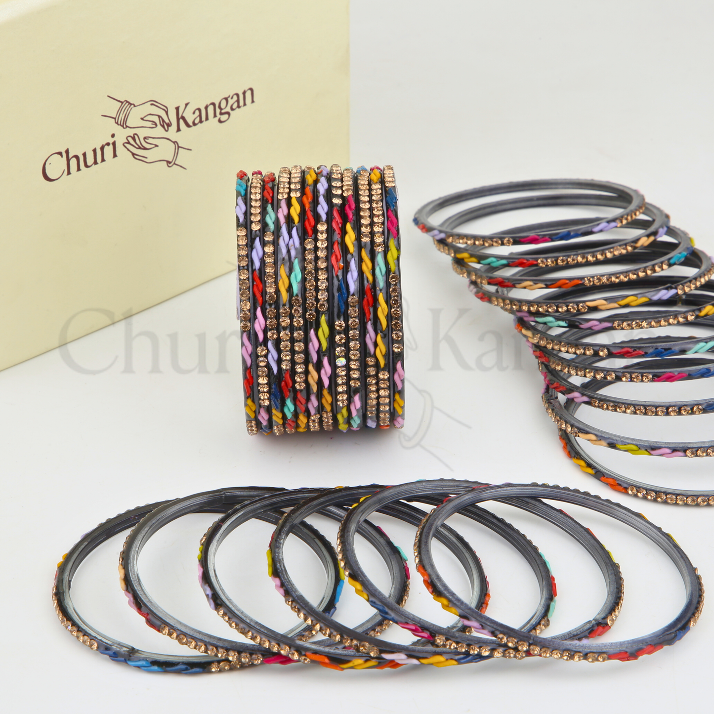 Multicolor Crystal Pattern Bangles Set