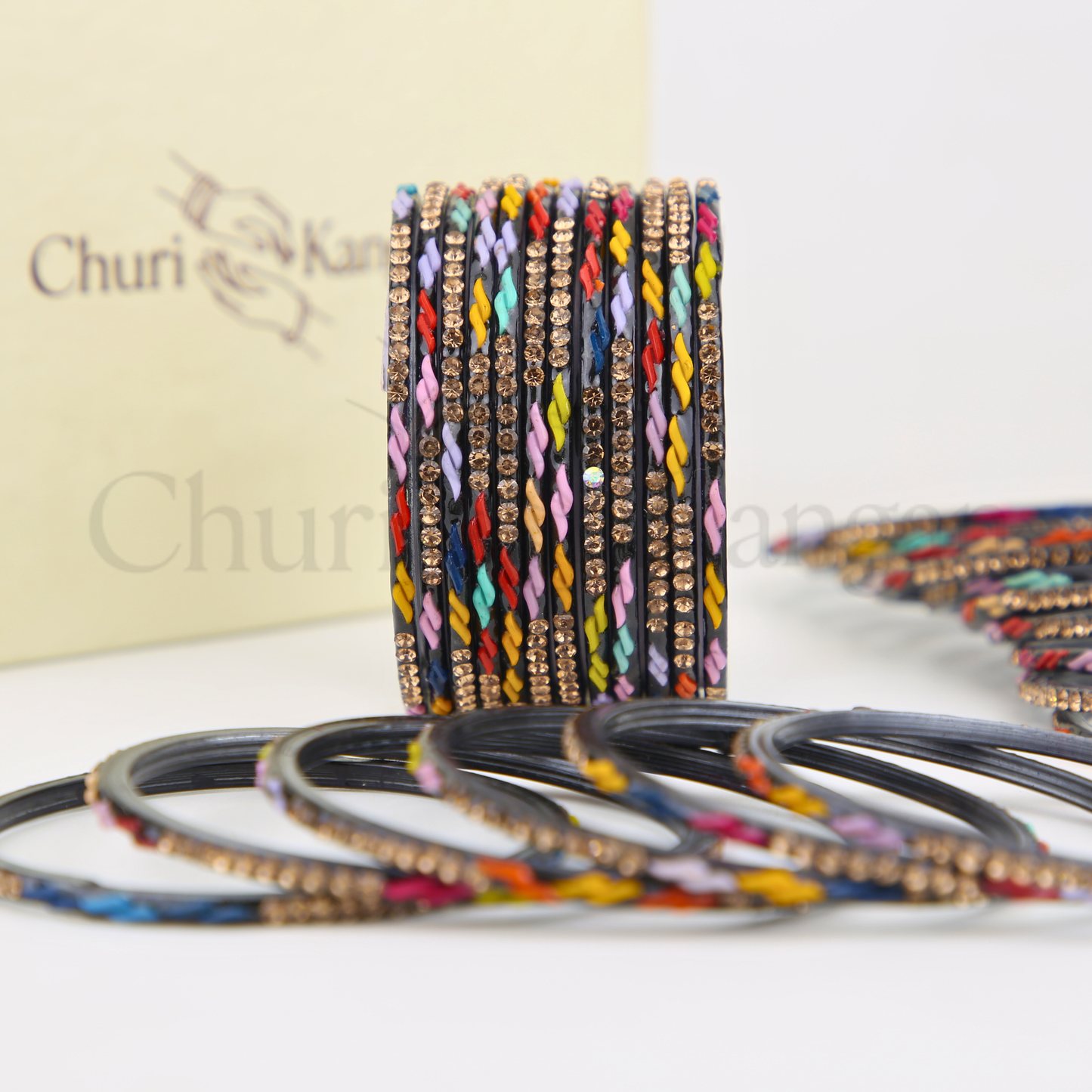 Multicolor Crystal Pattern Bangles Set