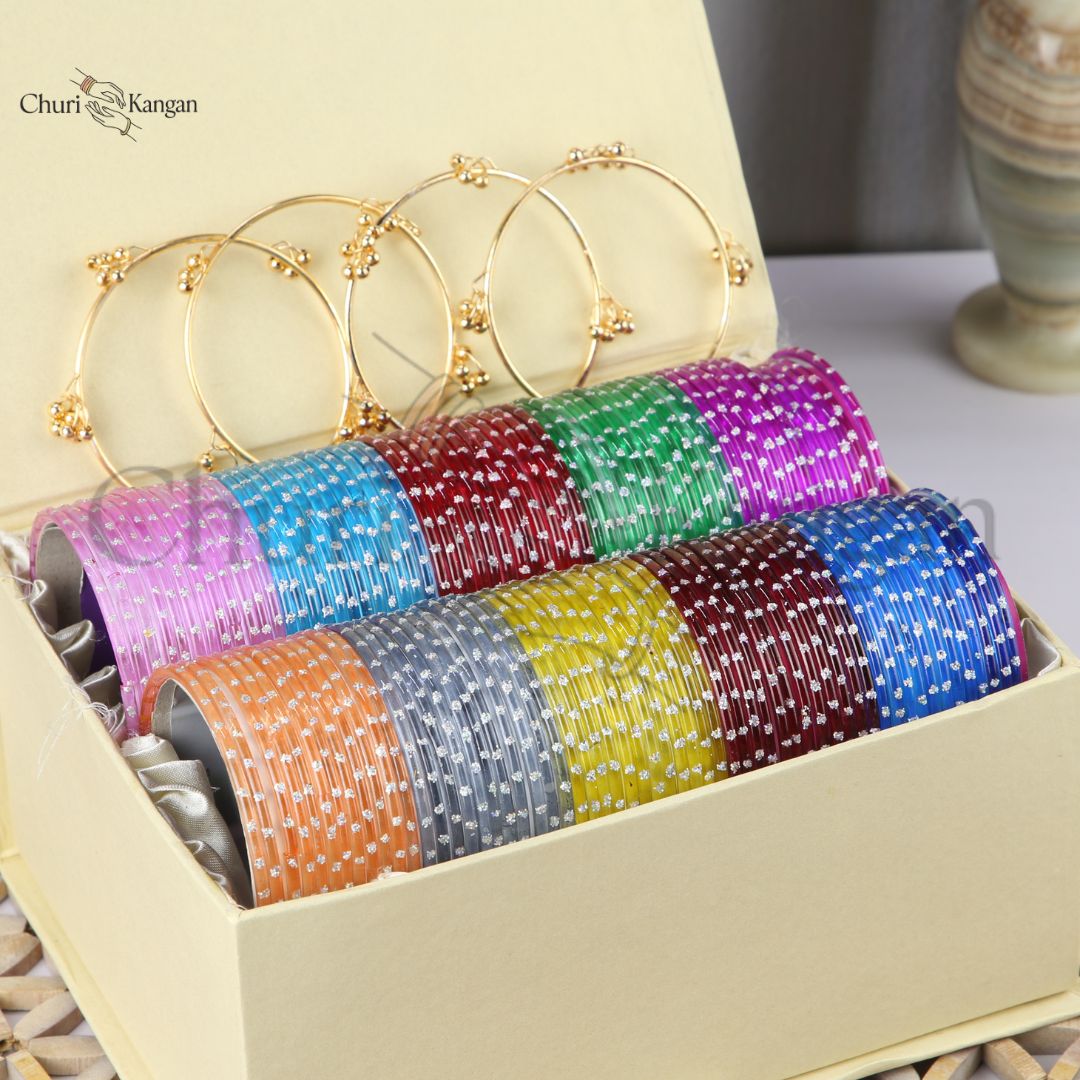 Multi-color dotted glass bangles box with Kashmiri kara set