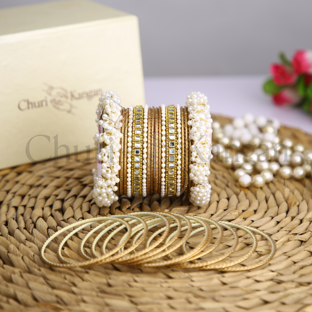 Antique Gold Doted Metal Gajra Kundan Set – handcrafted golden metal kundan and pearl bangles