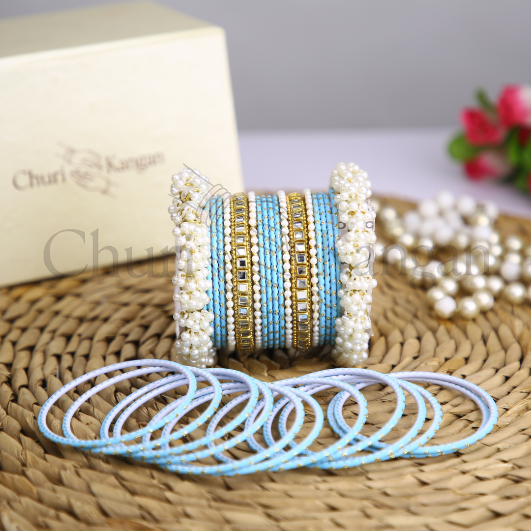 Aqua Blue Doted Metal Gajra Kundan Set – handcrafted blue metallic bangles with kundan and gajra karas