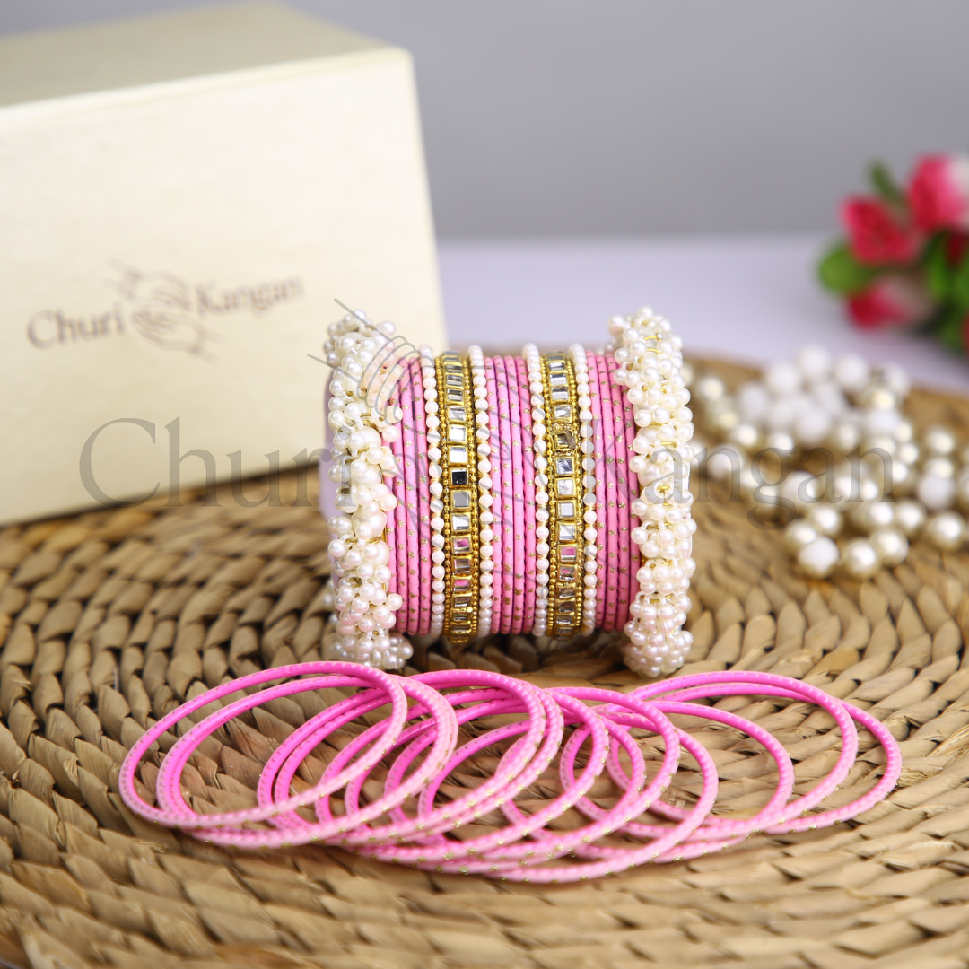 Baby Pink Doted Metal Gajra Kundan Set – pastel metal bangles with kundan and pearl karas by ChuriKangan.pk