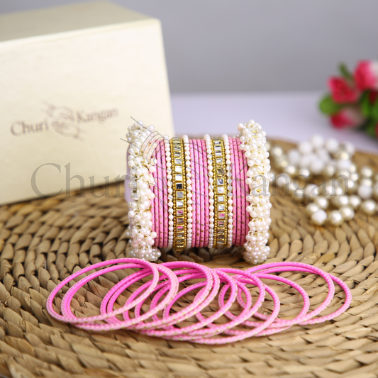 Baby Pink Doted Metal Gajra Kundan Set – pastel metal bangles with kundan and pearl karas by ChuriKangan.pk