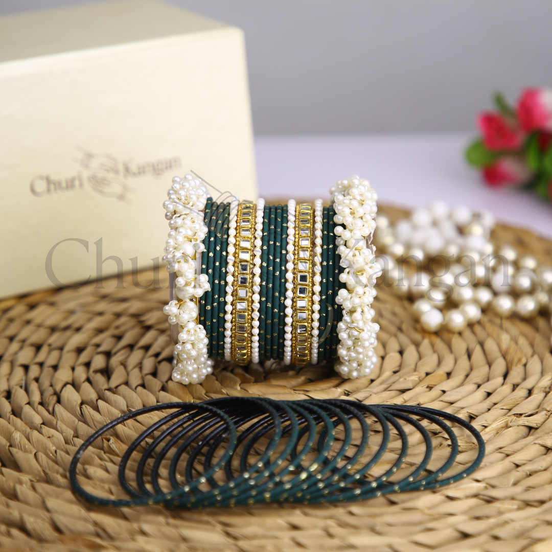 Deep Teal Doted Metal Gajra Kundan Set – handcrafted teal metal kundan and pearl bangles by ChuriKangan.pk