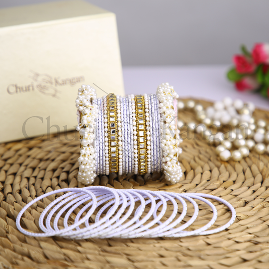 Lavender Mist Doted Metal Gajra Kundan Set – handcrafted pastel lavender metal bangles with kundan and pearl details