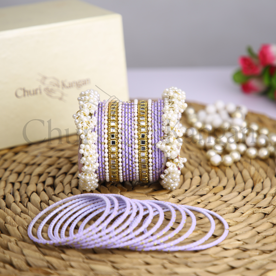 Lilac Dream Doted Metal Gajra Kundan Set – handcrafted lilac metal kundan bangles with pearl gajra karas
