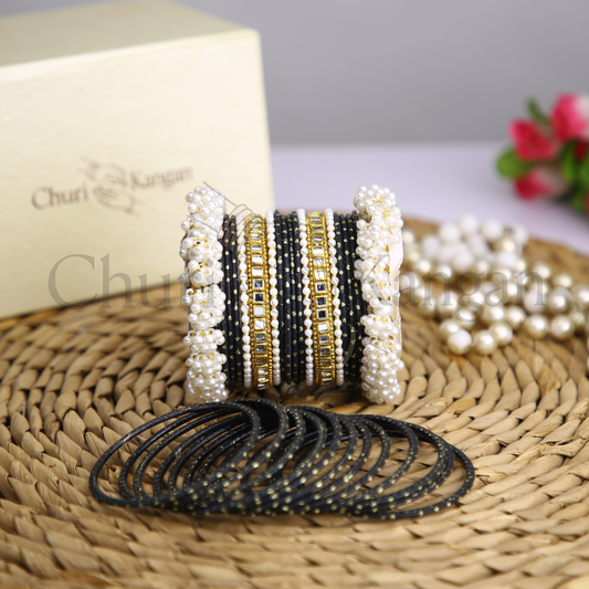 Midnight Black Doted Metal Gajra Kundan Set – black metal bangles with kundan and white pearl details