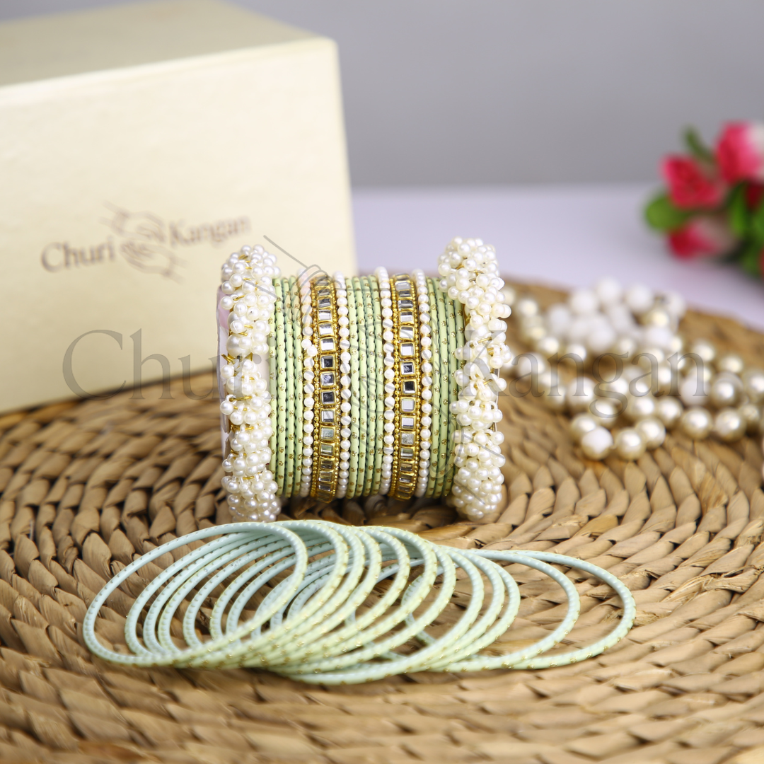 Pistachio Green Doted Metal Gajra Kundan Set – handcrafted green metal bangles with kundan and pearl karas