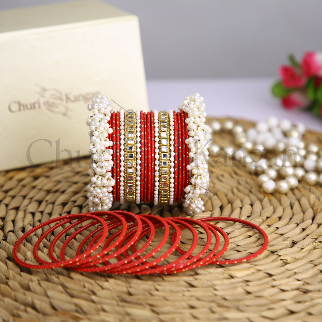 Ruby Red Doted Metal Gajra Kundan Set – elegant handcrafted bridal kundan and pearl bangles by ChuriKangan.pk