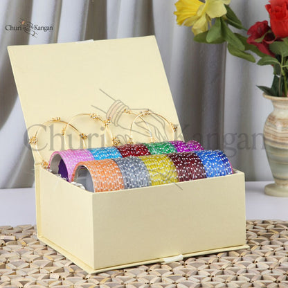 Multi-color dotted glass bangles box with Kashmiri kara set