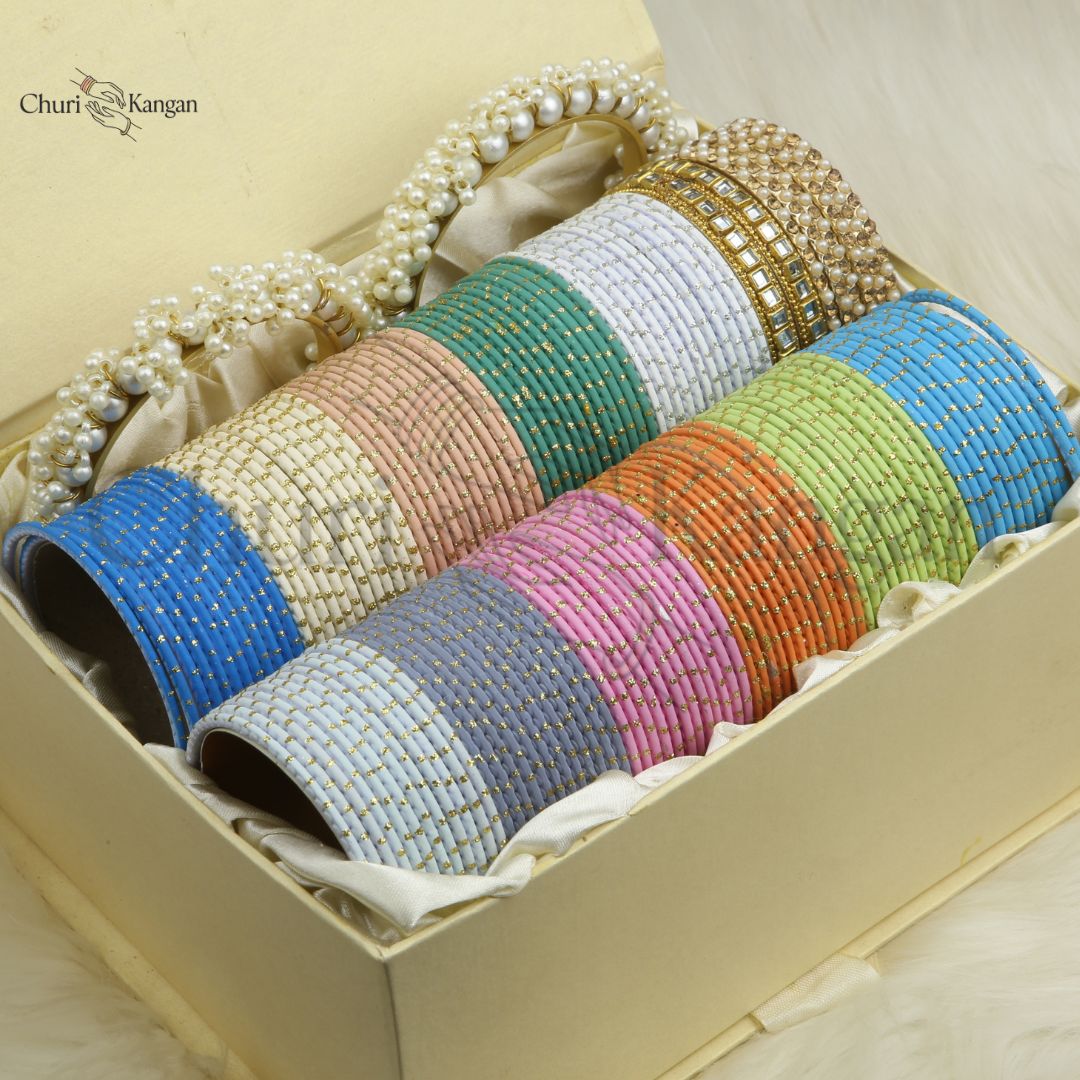 Dotted metal bangles gift box with kundan kara, pearl bangles and gajra kara in multi-color set
