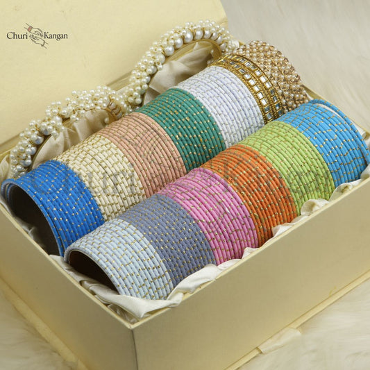 Dotted metal bangles gift box with kundan kara, pearl bangles and gajra kara in multi-color set