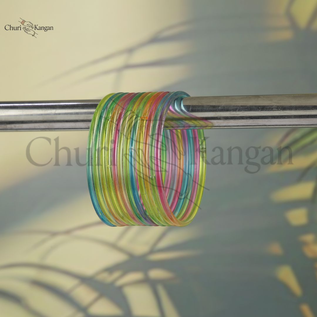 Green mix glossy jelly kangan bangles with charm detailing