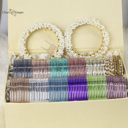 Plain glossy metal bangles gift box with kundan kara, pearl bangles and gajra kara