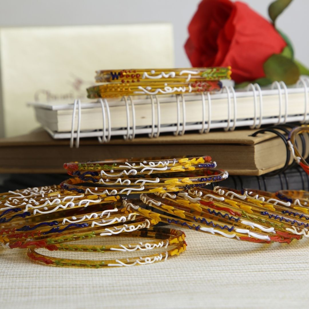 Golden Customized Name Glass Bangles – Elegant Handmade Hyderabadi Churi with Personalized Name by ChuriKangan.pk