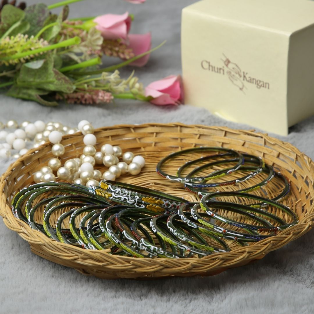 Green Customized Name Glass Bangles – Handmade Hyderabadi Churi with Personalized Name by ChuriKangan.pk