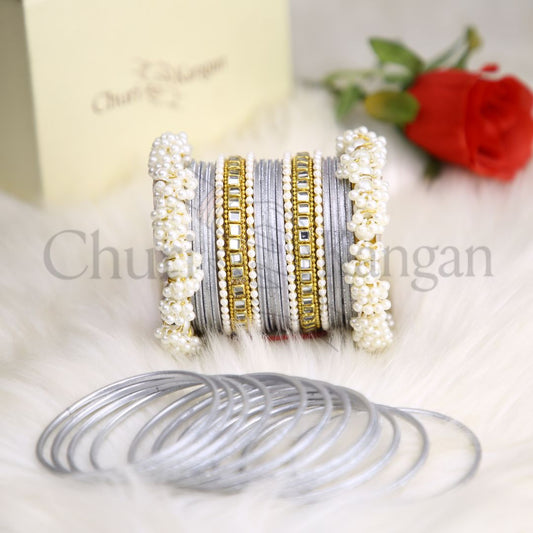Moonlight Gajra Kundan Set – Silver Grey