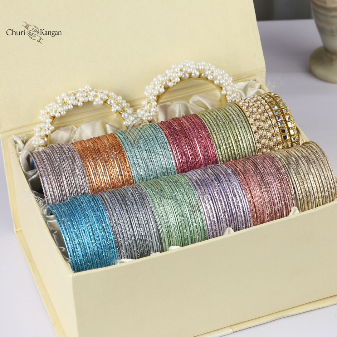 Moonlight sparkle metal bangles gift box with kundan kara, pearl bangles and gajra kara