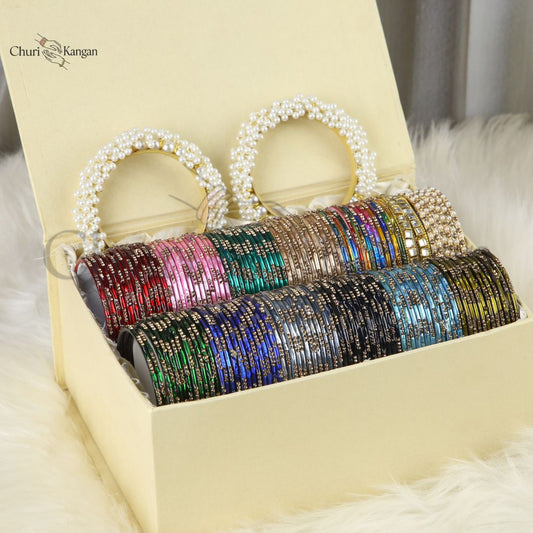 Nagina metal bangles gift box with stone detailing, kundan kara, pearl bangles and gajra kara