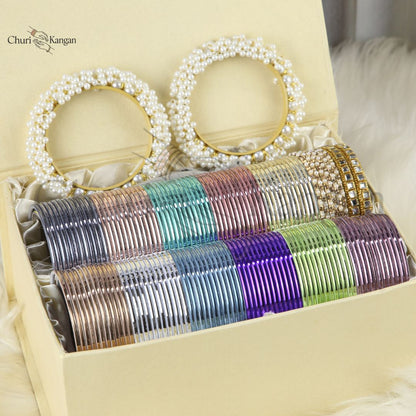 Plain glossy metal bangles gift box with kundan kara, pearl bangles and gajra kara