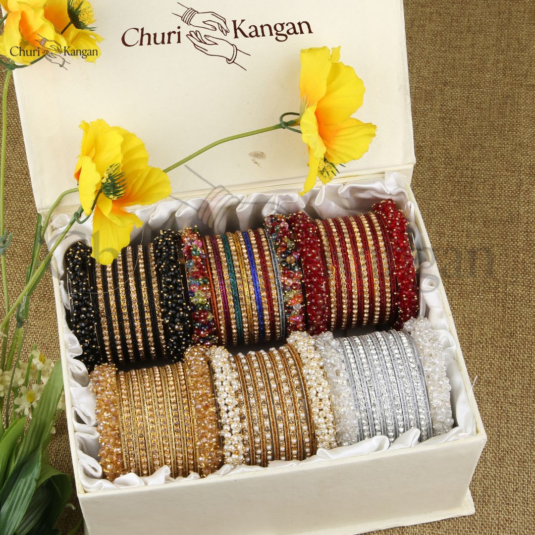 Premium metal gajra bangles gift box with 6 luxury color sets and premium gajra kara